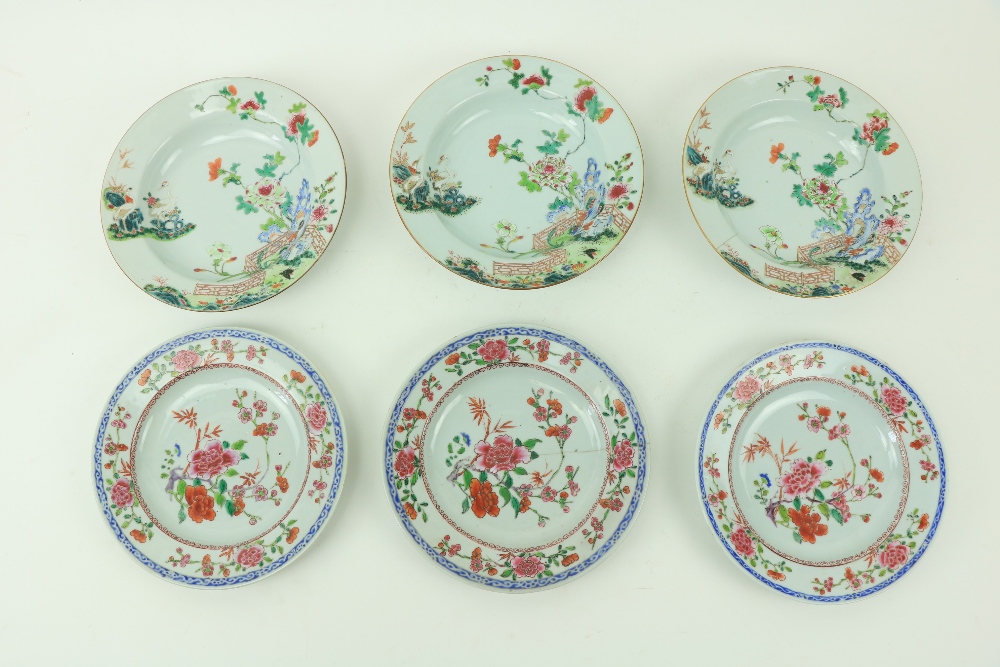 A set of three 18th Century Famille Verte Chinese Bowls, each decorated with two cranes standing