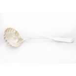 An Irish George III fiddle and thread pattern crested Soup Ladle, by John Power, Dublin 1794, with