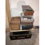 An old Picnic Basket, part furnished, a large part furnished leather bound Picture Case, a smaller