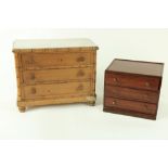 A Victorian pitch pine and simulated bamboo table top miniature Chest, with three drawers and a