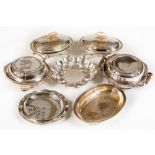 A pair of oval silver plated and crested Entr‚eÿDishes & Covers, on warming stands, with lion paw