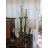 A pair of tall electrified 19th Century pewter Table Lamps, a turned wooden 19th Century Table Lamp,