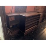 A 19th Century oak breakfront Folio Cabinet, with various shelves, 34"h x 84"w (87cms x 214cms). (1)