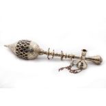 A rare Indian white metal and coconut Opium Pipe, in the Hindu style, 19" (48cms). (1)