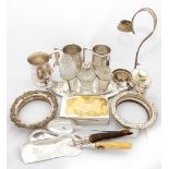 A collection of silver plated Trophy Cups & Tankards, two silver plated Wine Coasters, a plated oval