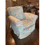 A hide covered Club Armchair, fixed cushion on front square tapering legs, together with a pair of