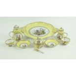 An 8 piece yellow ground Meissen porcelain Cabaret Set, 19th Century, comprising a large oval Tray