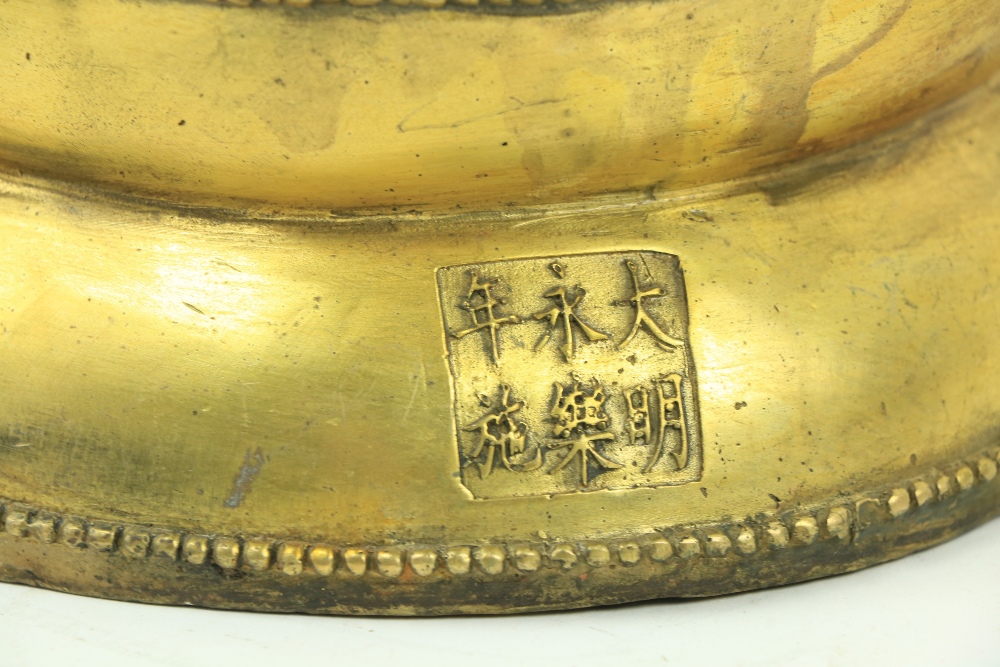 A fine quality large Chinese gilt bronze Figure, of a Buddha, seated on a double lotus base, the - Image 3 of 10