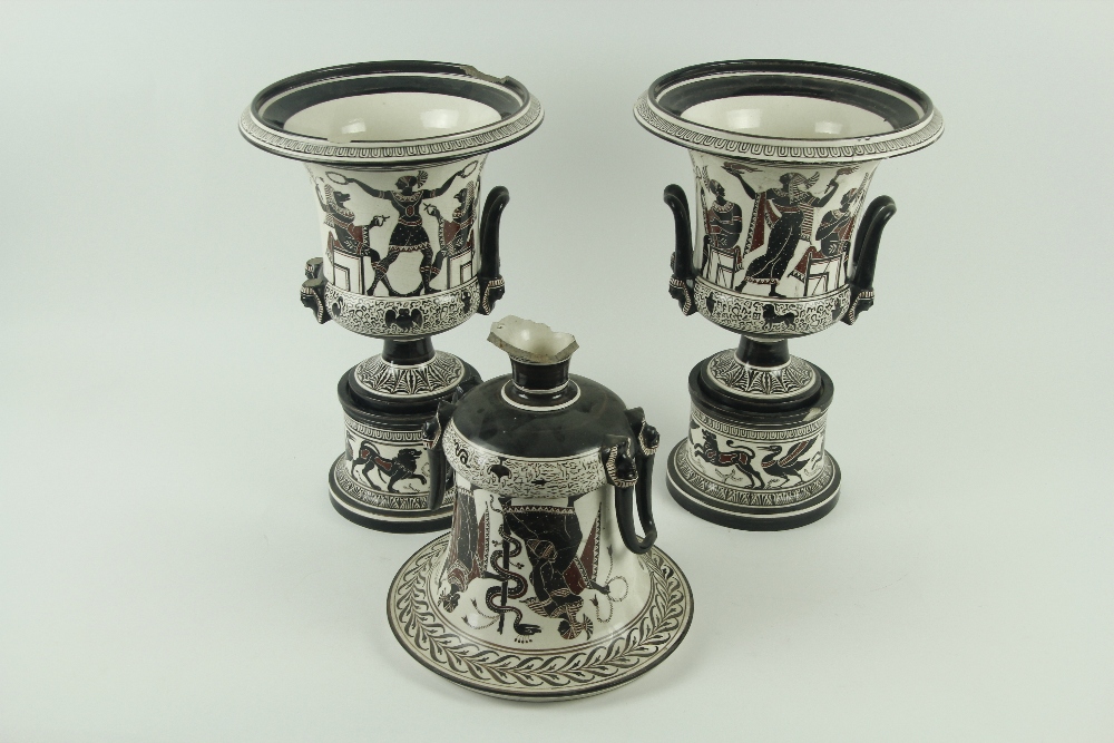 A set of 3 Greek Revival 19th Century Neo-classical painted Vases, in red, black and white, with - Image 2 of 3