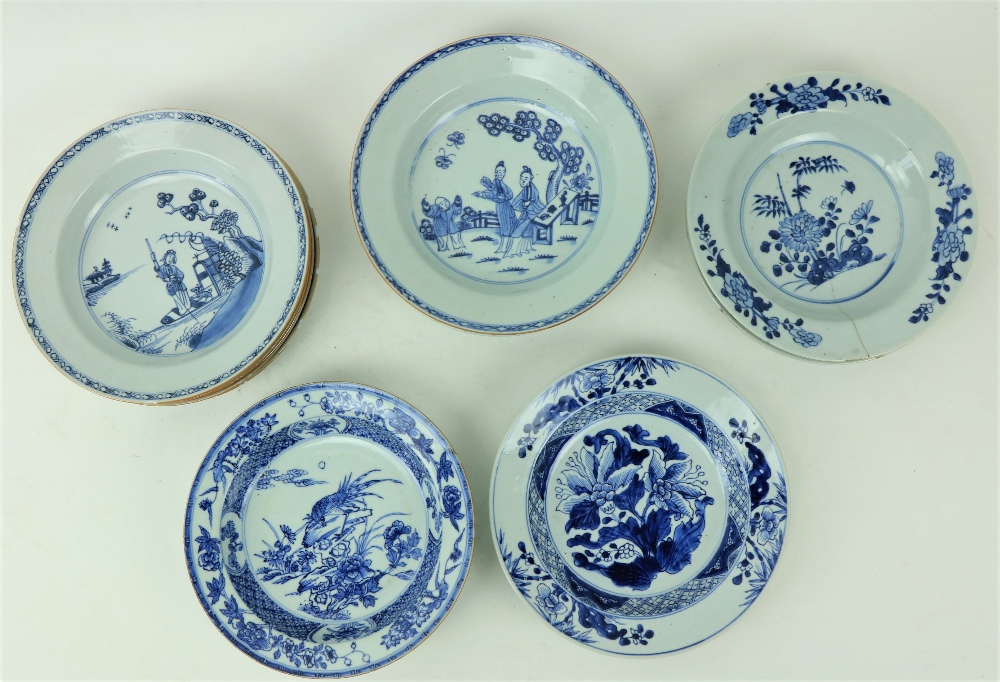 A set of 5 - 18th Century Chinese blue and white Pudding Bowls, each with a female and dog in a