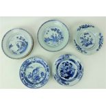 A set of 5 - 18th Century Chinese blue and white Pudding Bowls, each with a female and dog in a
