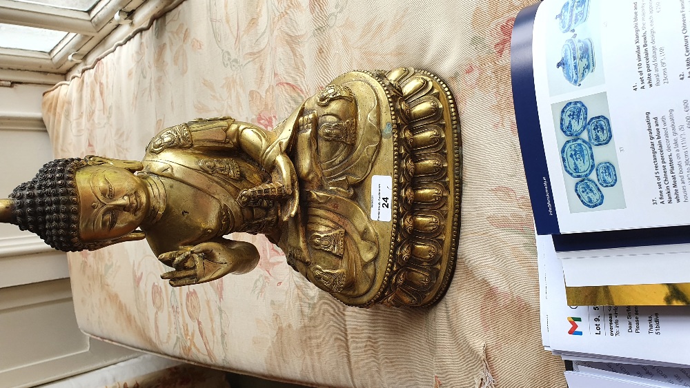 A fine quality large Chinese gilt bronze Figure, of a Buddha, seated on a double lotus base, the - Image 4 of 10