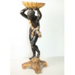 A 19th Century carved giltwood and ebonised "Blackamoor," Figure, holding a shell bowl aloft on a