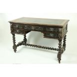 An oak 17th Century style kneehole Desk, profusely carved with scrolling foliage and animal masks on