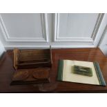 A 19th Century brass mounted slope top ebonised Stationary Box,ÿÿoak extending Book Ends, another