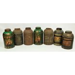 Seven assorted decorated and plain Chinese metal Tea Bins, various sizes and colours, the largest