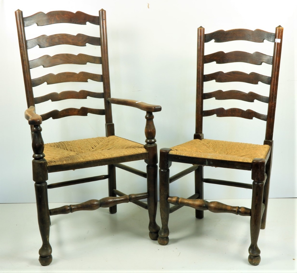 A set of 8 (6 + 2) elm Provincial ladder back Kitchen Chairs, each with straw seat on turned front