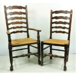 A set of 8 (6 + 2) elm Provincial ladder back Kitchen Chairs, each with straw seat on turned front