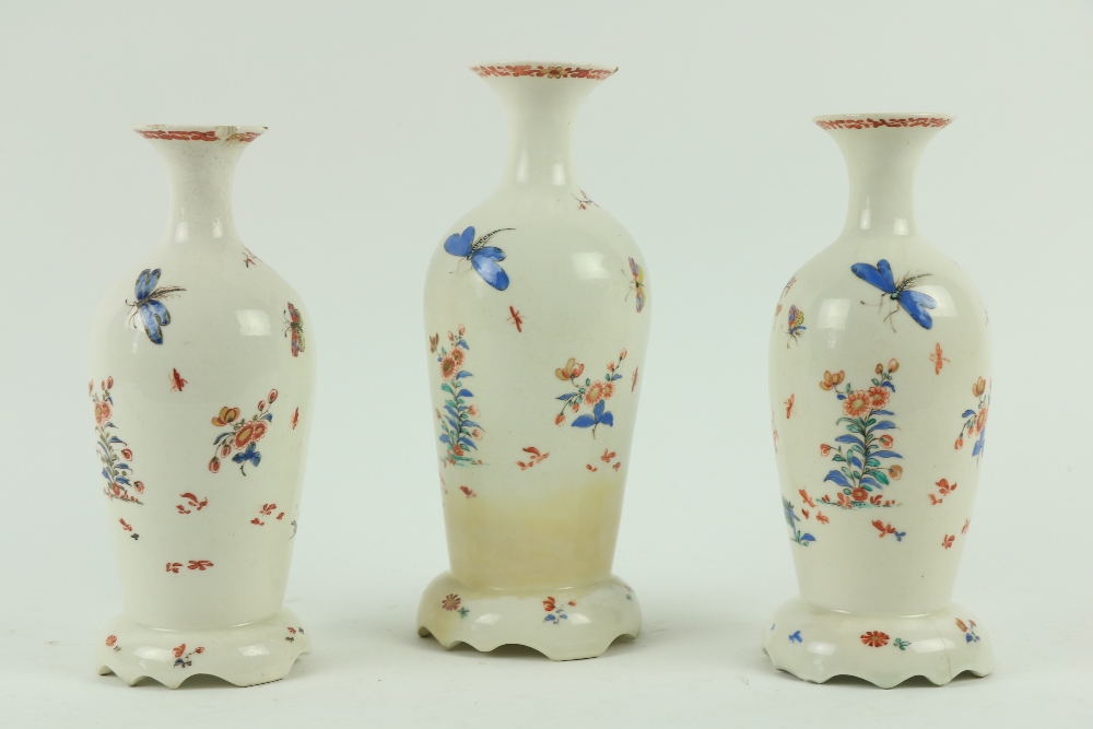 A fine garniture of 3 early Bow Kakiemon Vases, each of oviform with flared necks decorated in the - Image 2 of 3