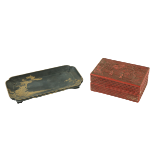 A 19th Century rectangular red cinnabarÿBox and Cover, carved with two figures in a landscape 5 1/2"