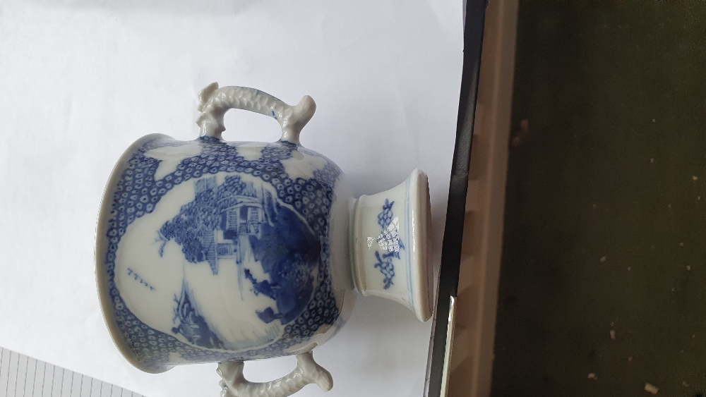 A set of four two handled blue and white Chinese porcelain Cups, each on stemmed base, 10cms (4") - Image 2 of 7