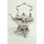 A very heavy large Victorian crested silver melon shaped Tea Kettle, on warming stand with burner,