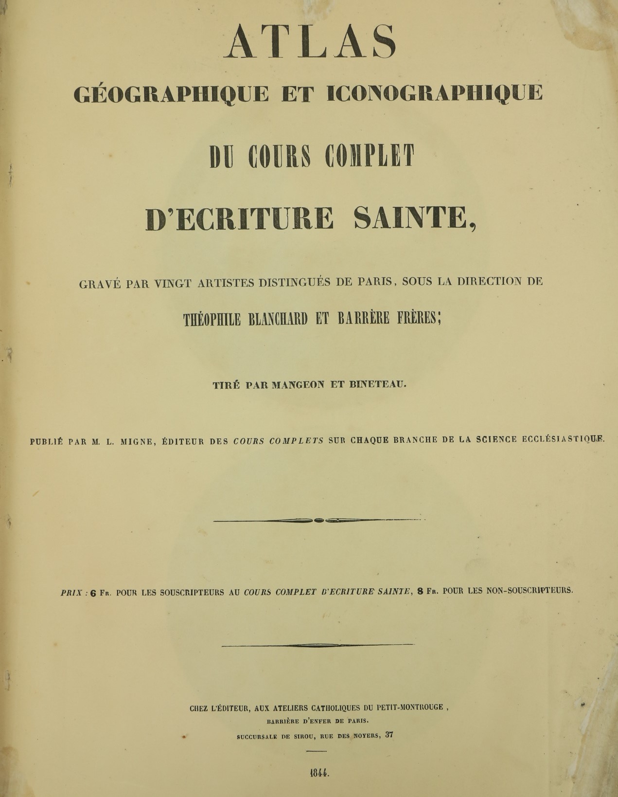 Atlas: -ÿAtlas Geographique et iconographique de Cours Complet D'Ecriture Sainte, Lg. atlas folio