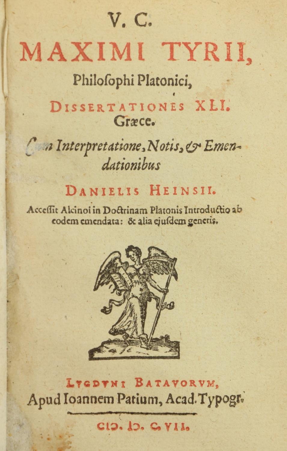 Heinsii (Daniel)ÿV.C. Maximi Tyrii, Philosophi Platonici, Dissertationes XLI Graece, 8vo Leyden (