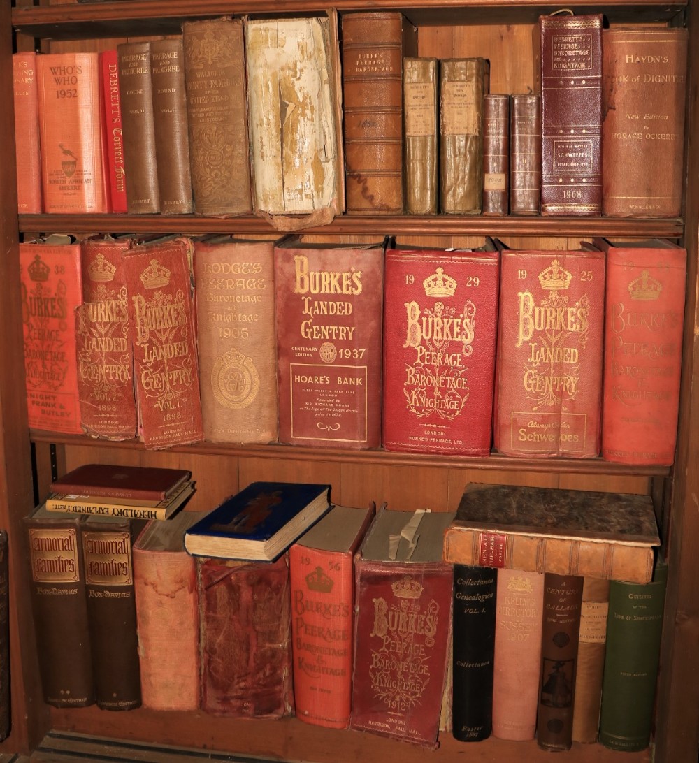 Genealogy: Three shelves, Burke's, Debretts, Lodges etc., approx. 38 vols. varied, and including