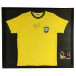 Signed by Pele Soccer: Brazo; F.C., a replica Brazil International Jersey, Signed in black marker by