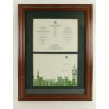 Political Interest:  [Hume (John)] A framed Menu Card for House of Commons 'Strangers' Dining Room