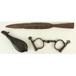 Militaria:  A forged 1798 period Spear or Pike, with open holder; a leather 19th Century Gun