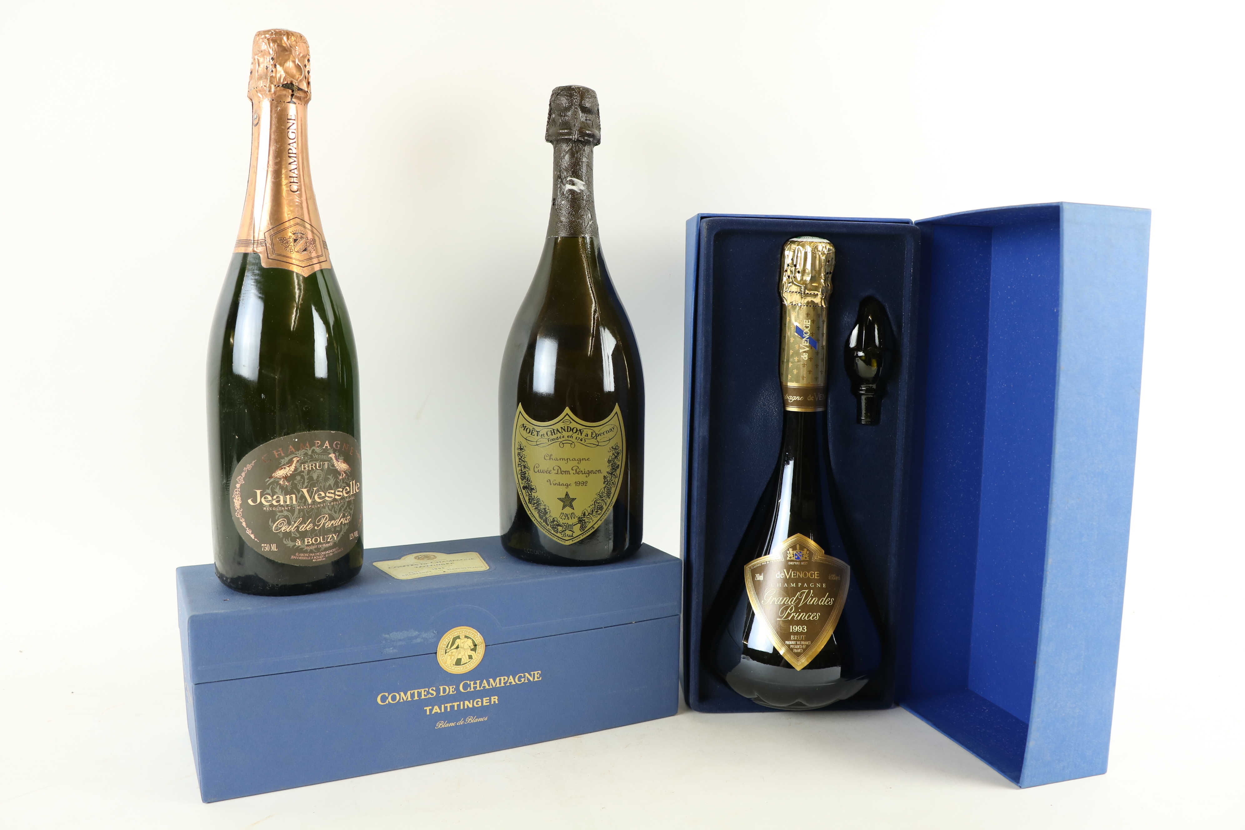 Champagne:  Moet et Chandon Champagne Cuvee Dom Perignon 1992 Vintage; Jean Vesselle Brut; Comtes de