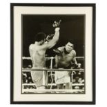 Signed by Muhammad Ali  Boxing:  A large black and white Photograph of Muhammad Ali and Joe Frazer