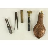 Militaria:  A collection of various Accoutrements to include: decorated brass powder flask and