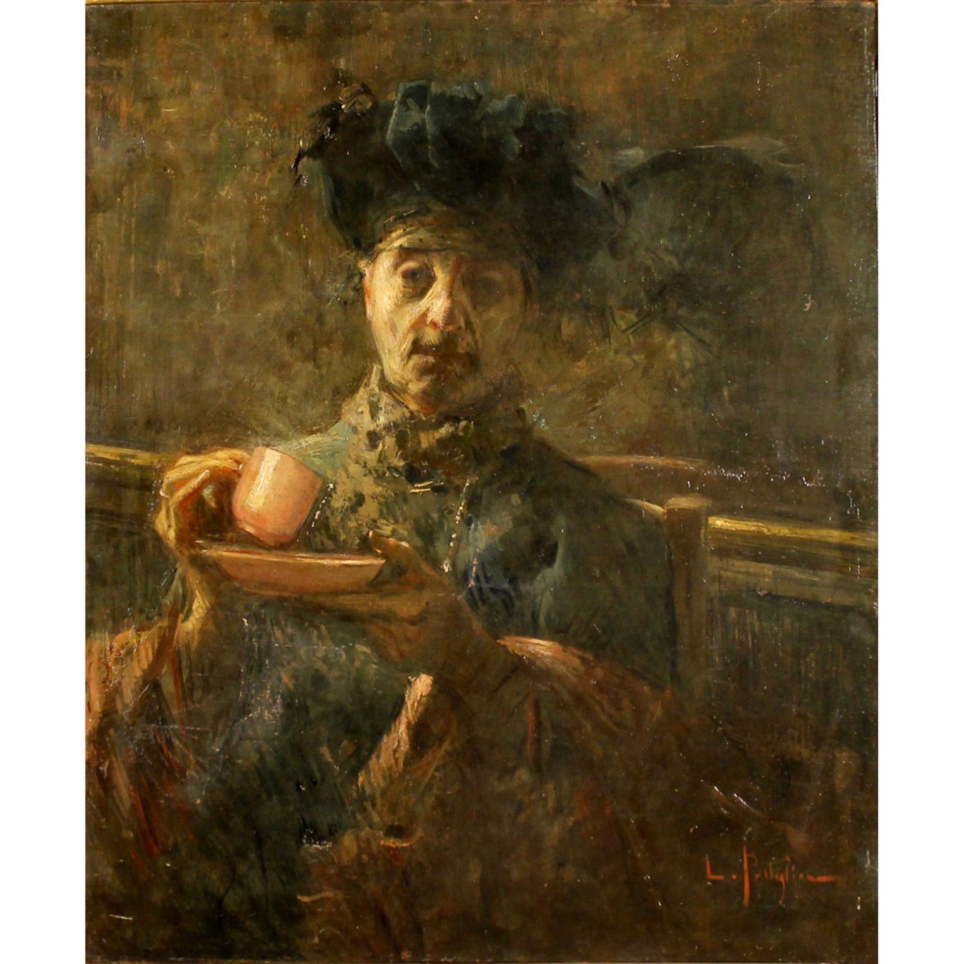LUCA POSTIGLIONE (1876/1936) "Anziana aristocratica che beve il caffè" - "Aristocratic old woman dri