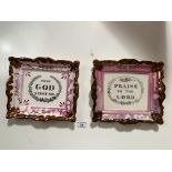 2 religious china plaques, unmarked. “Thou God seest me” (chip on back) and “Praise Ye the Lord” (