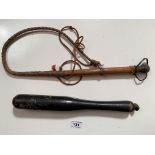 Baton 13” (33cm) long, damage to top, scrapes and dents. Leather whip 30” (76cm) long