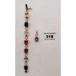 18k gold bracelet with 7 coloured stones and matching pendant with stone. Total w: 18.5 gms,