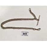 Silver watch chain with t-bar. W: 1.32 tozs.