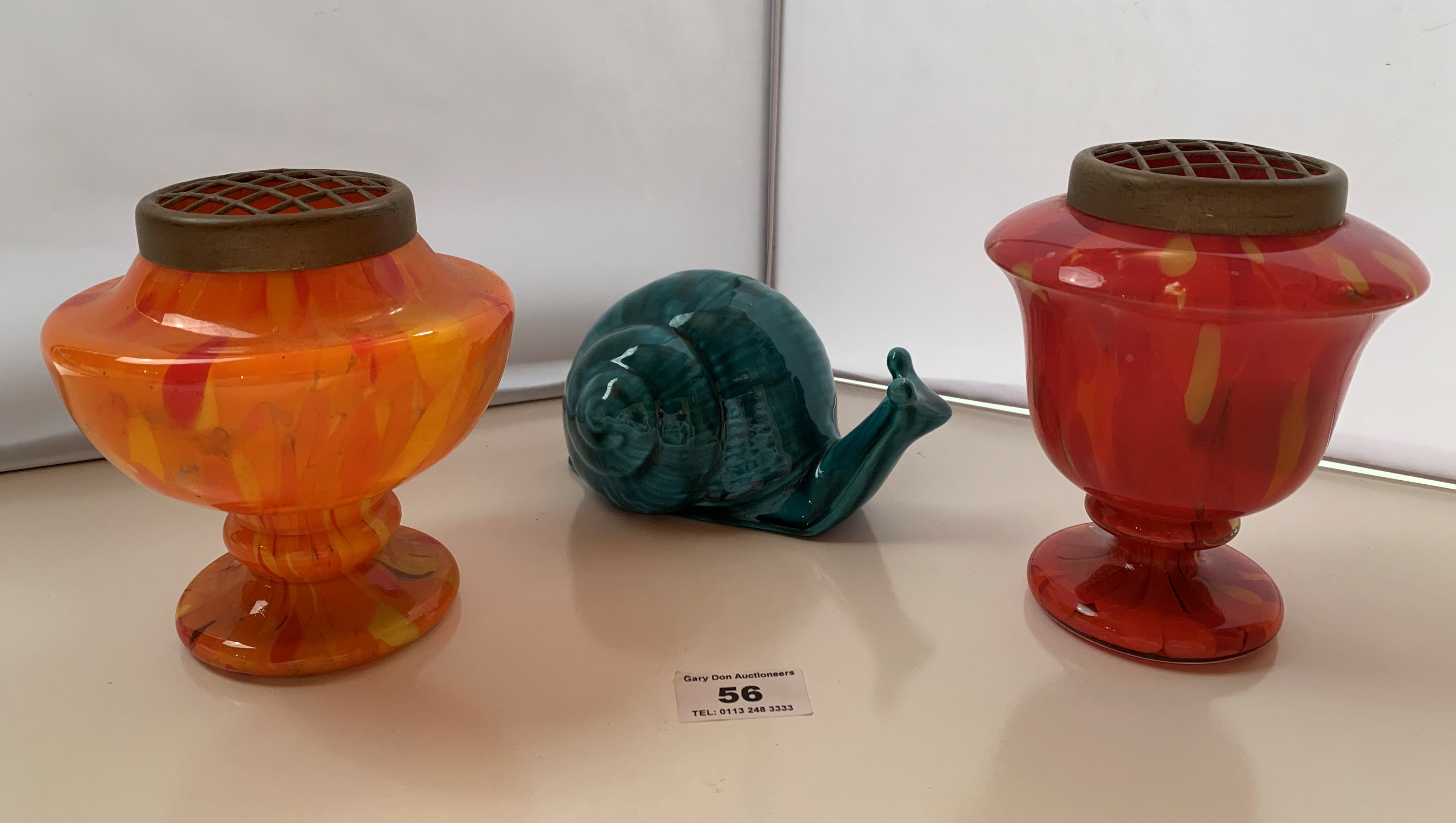 2 glass potpourri vases 5.5” ( 14cm) high and pottery snail (5.5” (14cm) long x 3”(7.5cm) high). - Image 3 of 4