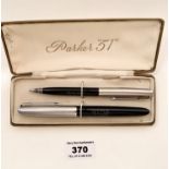 Parker 51 cased set of fountain pen and pencil, black barrel and chrome caps. Engraved “Presented by