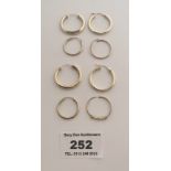 4 pairs of 9k gold hoop earrings, total w: 3.6 gms