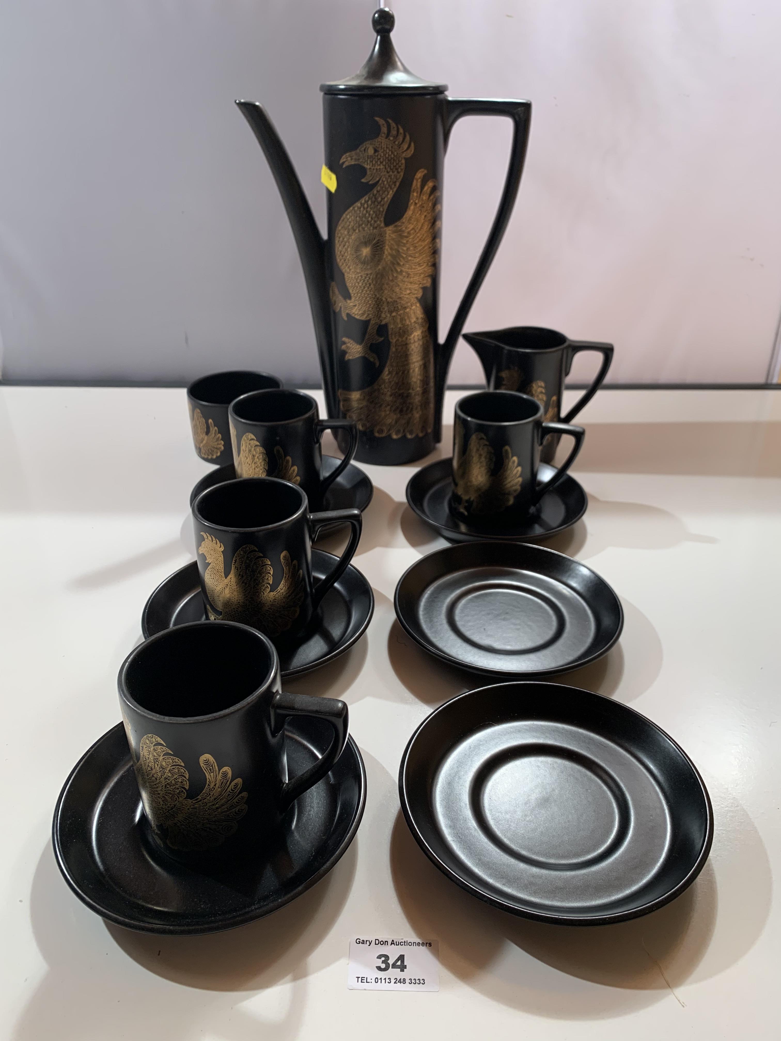 13 piece black Portmeirion Phoenix coffee set including 4 cups, 6 saucers, coffee pot, sugar and