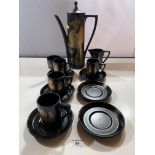 13 piece black Portmeirion Phoenix coffee set including 4 cups, 6 saucers, coffee pot, sugar and