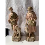 Large pair of Royal Dux figures, boy and girl goatherds. Numbered 1101 and 1102. Boy is 26” (66cm)