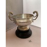 Silver trophy bowl on wooden stand. Engraved The North of England Scottish Terrier Club Challenge