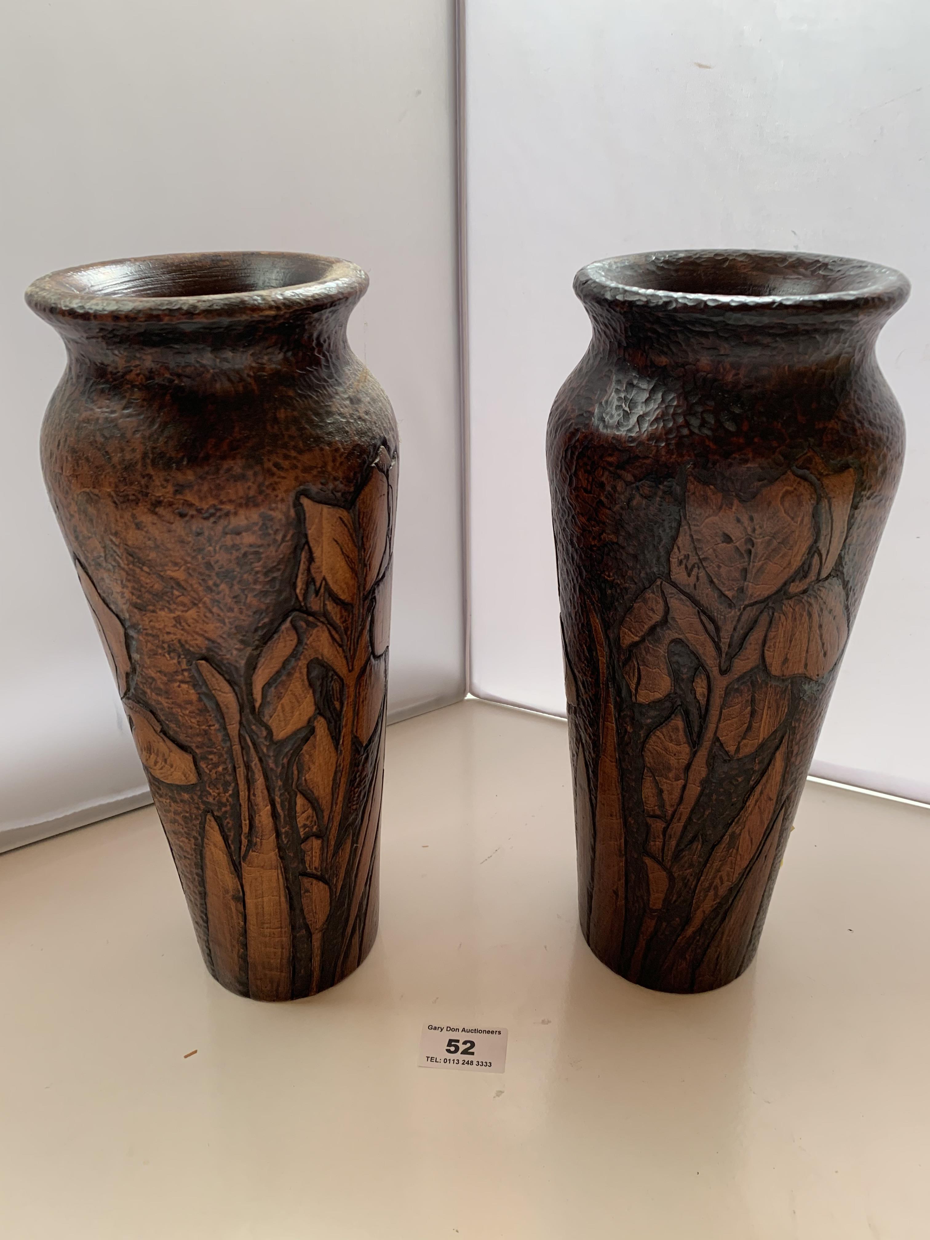Pair of vintage pokerwork treen vases, 11” (28cm) high. Good condition - Image 2 of 3