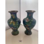 Pair of green Cloisonne vases 9” (23cm) high. Marks inside neck but outside good