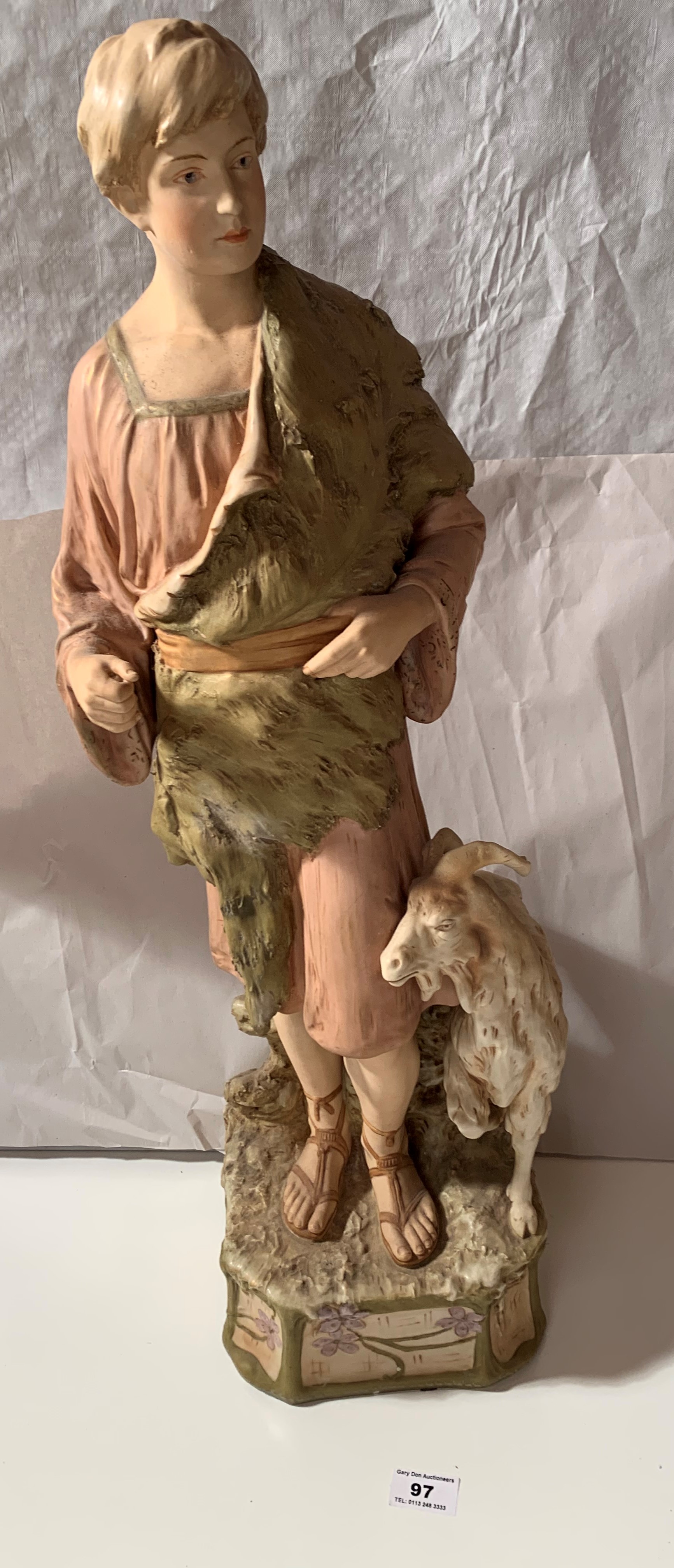 Large pair of Royal Dux figures, boy and girl goatherds. Numbered 1101 and 1102. Boy is 26” (66cm) - Image 4 of 12
